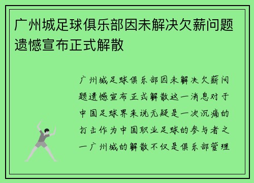 广州城足球俱乐部因未解决欠薪问题遗憾宣布正式解散