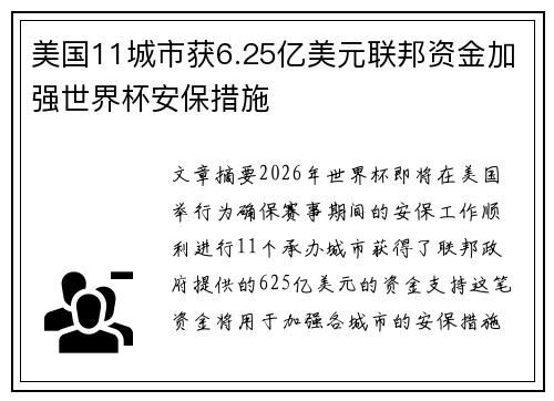 美国11城市获6.25亿美元联邦资金加强世界杯安保措施 美国11城市获6.25亿美元联邦资金加强世界杯安保措施