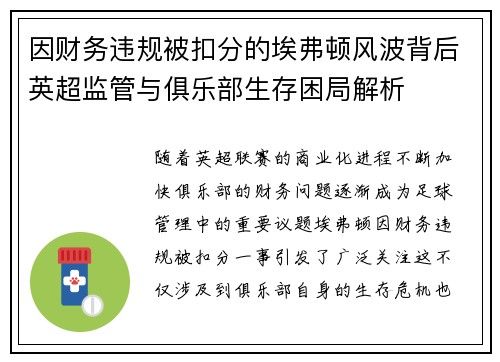 因财务违规被扣分的埃弗顿风波背后英超监管与俱乐部生存困局解析